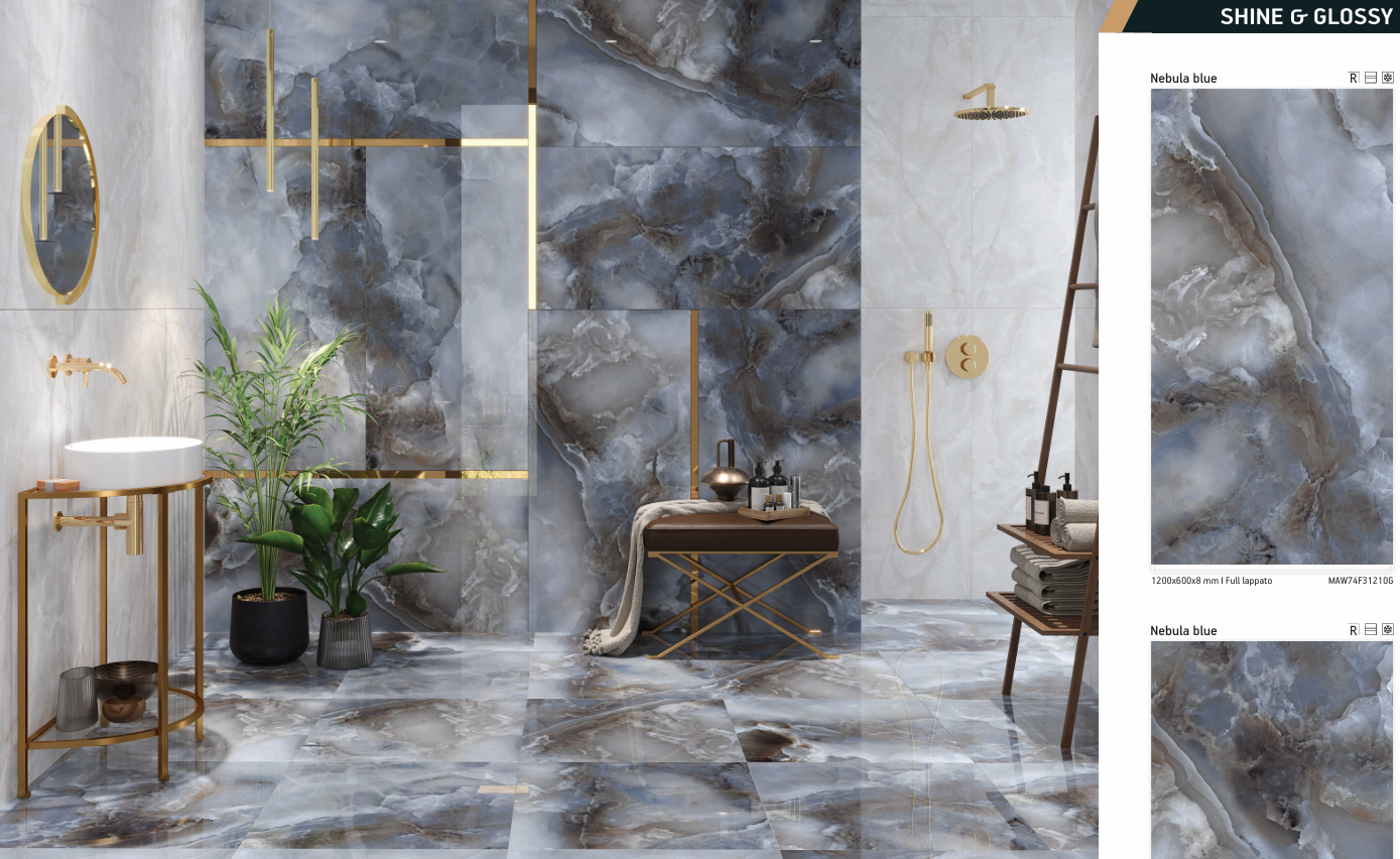 Blue onyx-effect porcelain across the floor and walls of a bathroom with brass fittings
