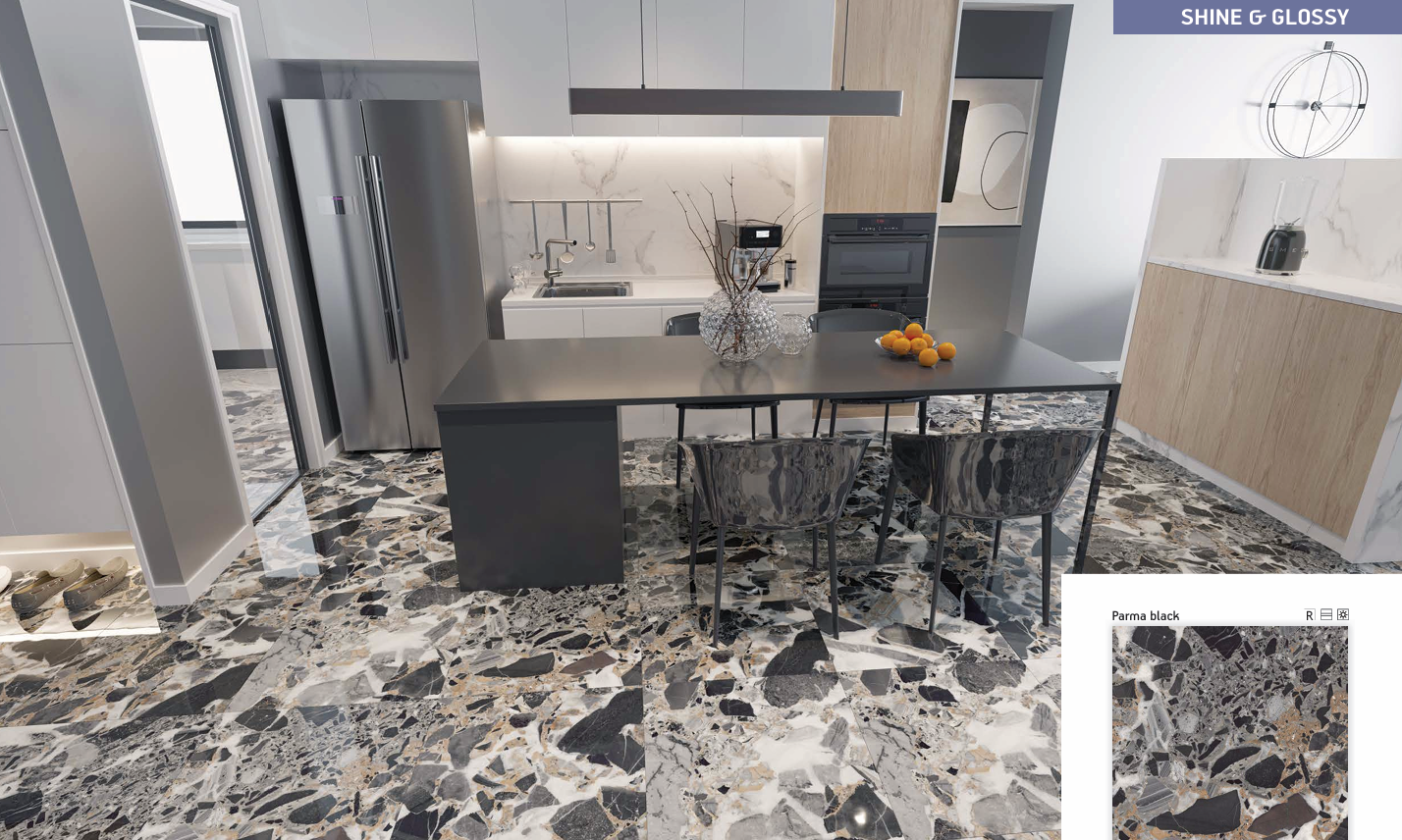 Terrazzo-effect porcelain floor running through an open-plan kitchen