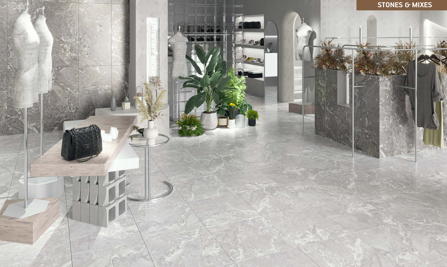 Grey marble-effect porcelain laid through a retail interior with stone display plinths