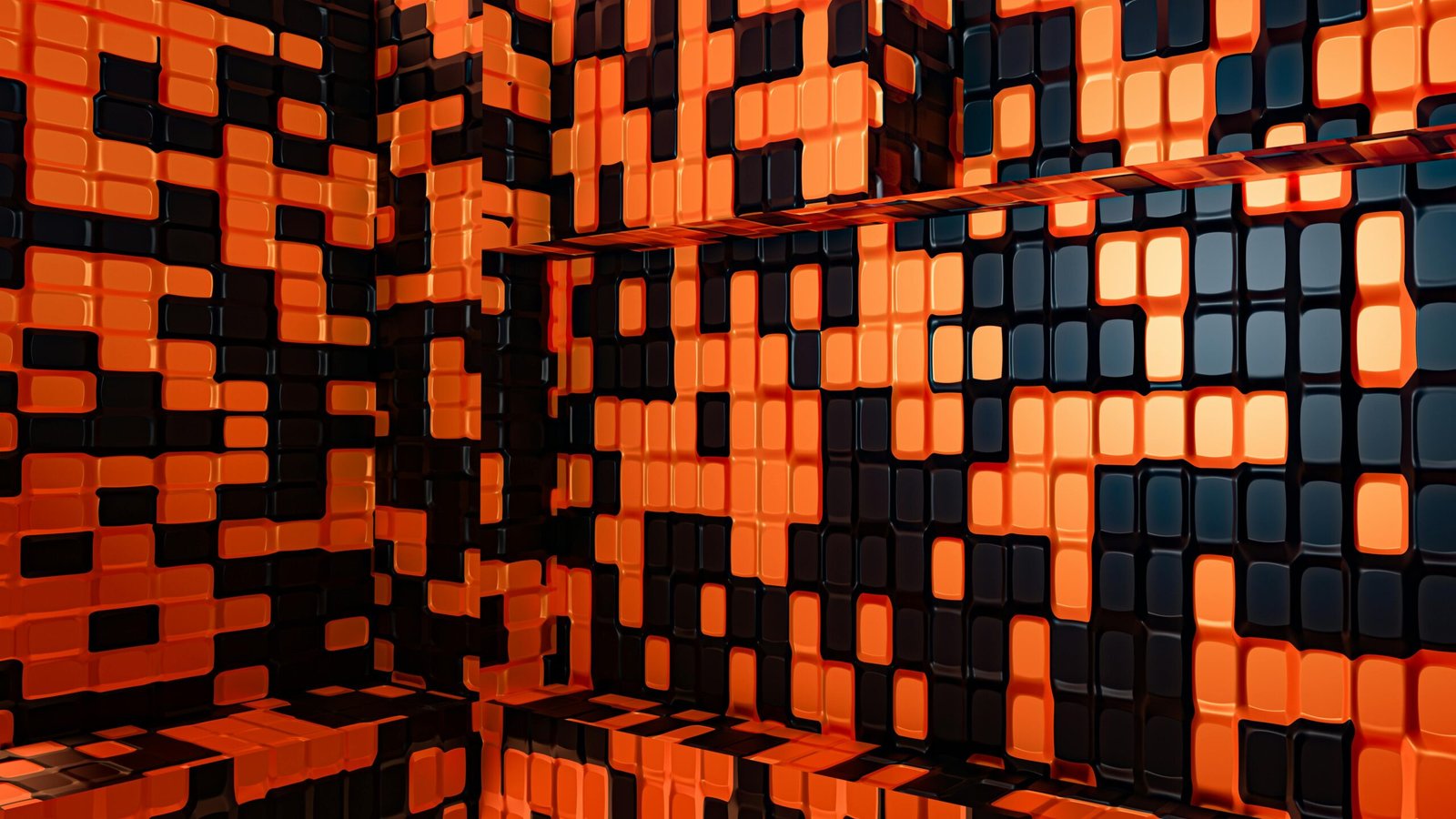 Rust and charcoal tiles set in a blocky relief pattern across two walls