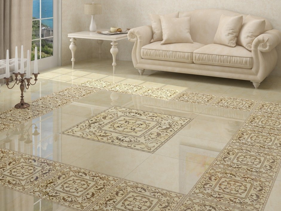 Polished cream floor tile with ornate decorative border inserts