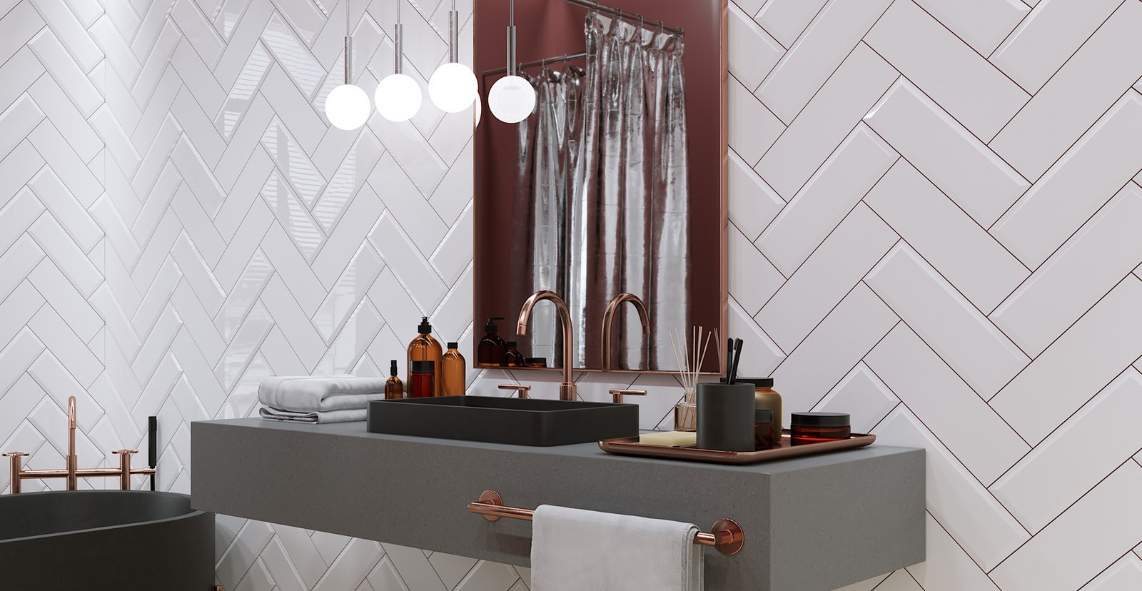 White gloss metro tile laid in a herringbone pattern above a washbasin
